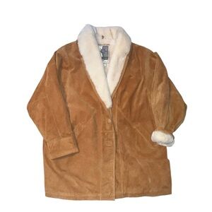 Vintage Camel Genuine Suede Leather Shearling Coat Faux Fur Liner Jacket Plus 3X